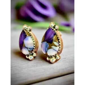 Purple Copper Turquoise Teardrop Earrings 1/2” Long Sterling Silvery